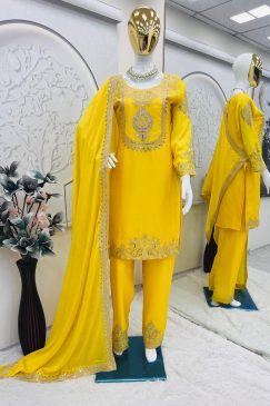 Alternative view of yellow color Beautiful Partywear Dress in Chinon SIlk Fabric