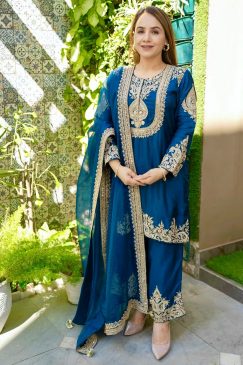 blue color Beautiful Partywear Dress in Chinon SIlk Fabric