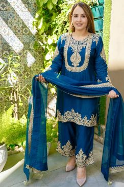 Alternative view of blue color Beautiful Partywear Dress in Chinon SIlk Fabric