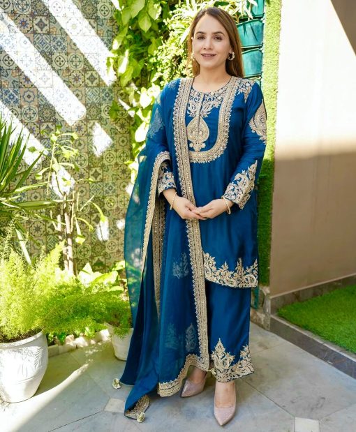blue color Beautiful Partywear Dress in Chinon SIlk Fabric