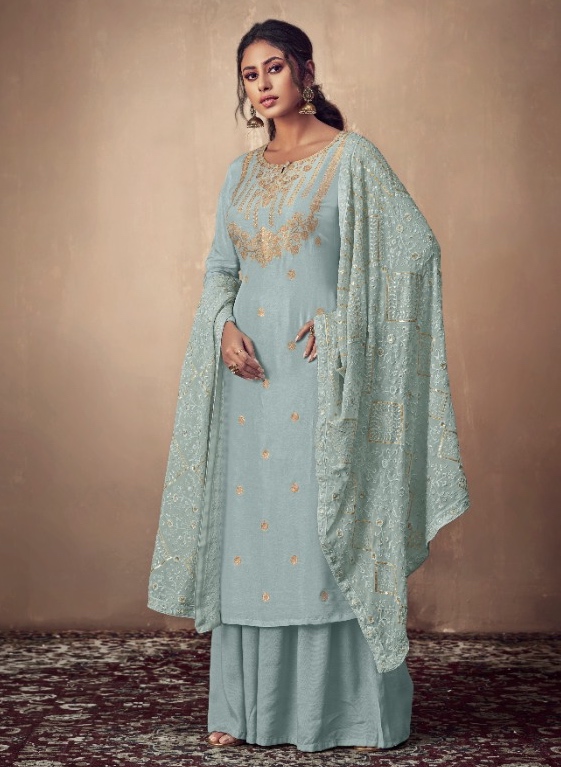 Powder Blue Lakhnavi Work Palazzo Kameez Suit Salwar Kameez Designer