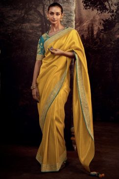 Bright Yellow Fancy Fabric Embroidered Wedding Saree