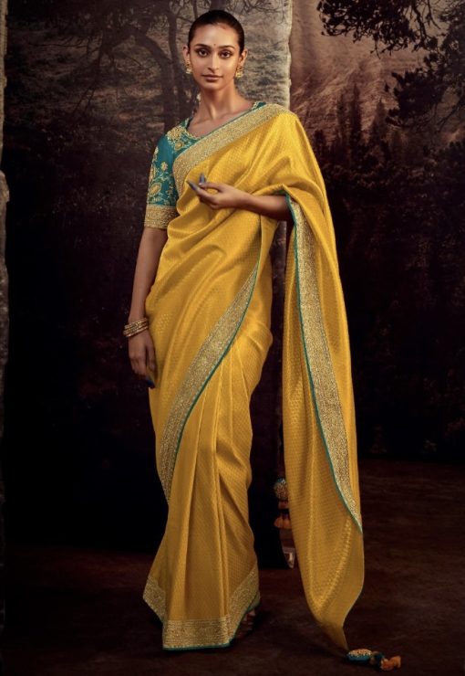 Bright Yellow Fancy Fabric Embroidered Wedding Saree