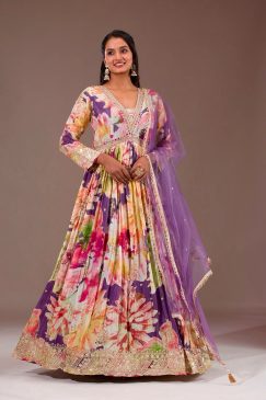 Beautiful Flower Print Anaraki Gown in Chinon Silk Fabric
