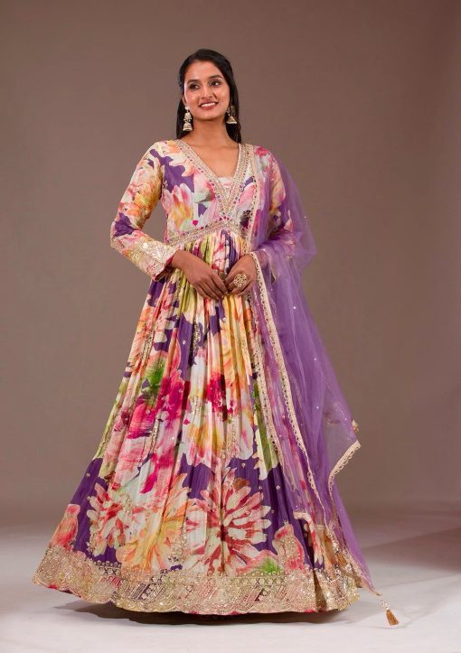Beautiful Flower Print Anaraki Gown in Chinon Silk Fabric