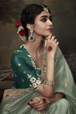 Alternative view of Sage Green Embroidered Wedding Saree