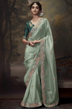 Sage Green Embroidered Wedding Saree
