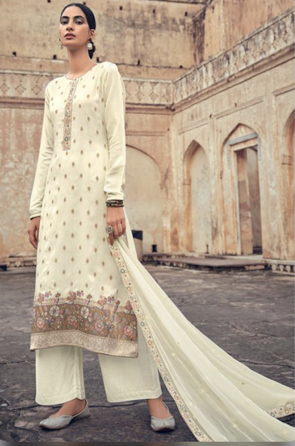 White Jacquard Silk Embroidered Pant Suit Salwar Kameez Designer