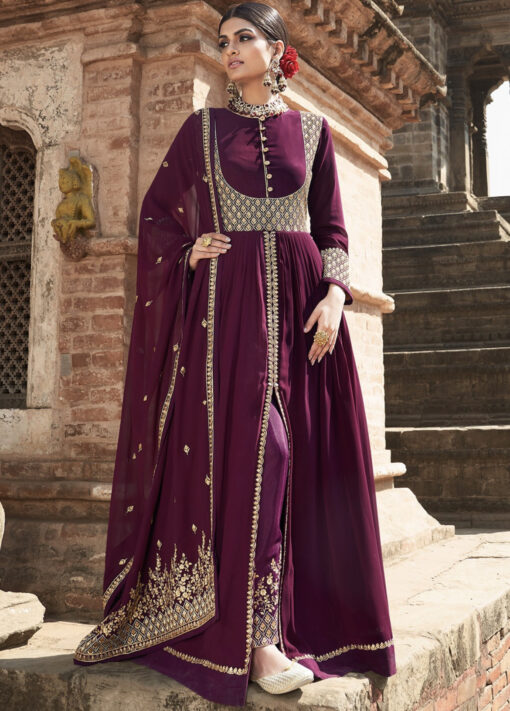 Purple Embroidered Front Slit Anarkali Suit