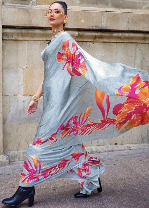 Grey Print Satin Saree