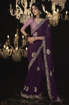 Wine Fancy Embroidered Wedding Saree