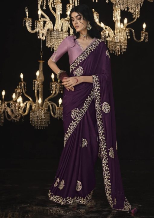 Wine Fancy Embroidered Wedding Saree