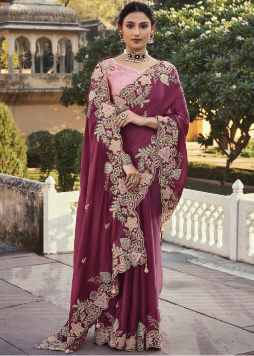 Plum Silk Wedding Party Wear Saree
