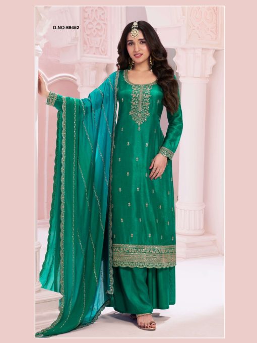 Green Blue Color Beautiful Partywear Semi Stitched Dress
