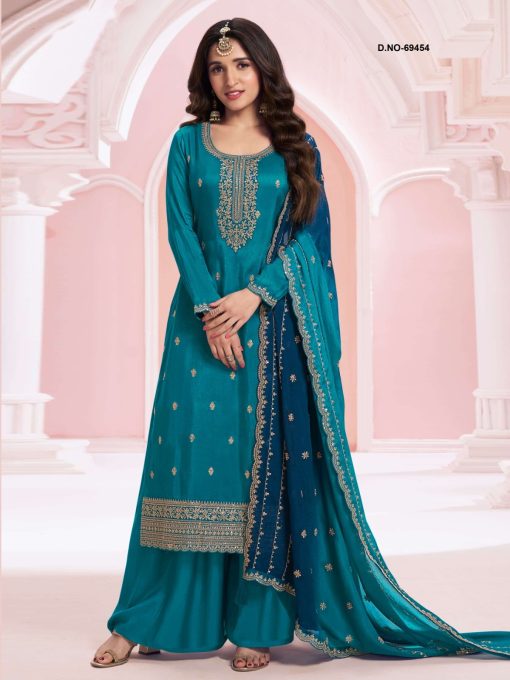 Sky BLue Color Beautiful Partywear Semi Stitched Dress