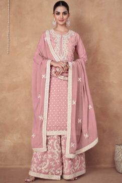 Pink Chiffon Embroidered Palazzo Suit