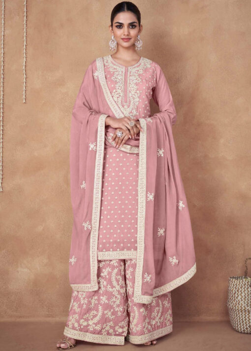 Pink Chiffon Embroidered Palazzo Suit