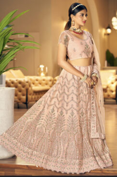 Peach Embroidered Net Party Wear Lehenga Choli