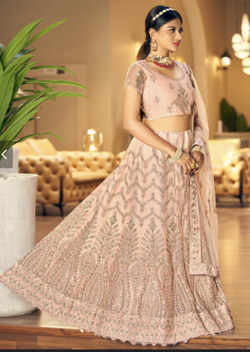Peach Embroidered Net Party Wear Lehenga Choli