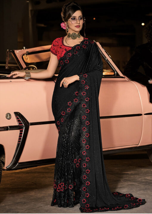 Black Russian Silk Heavy Diamond Work Saree