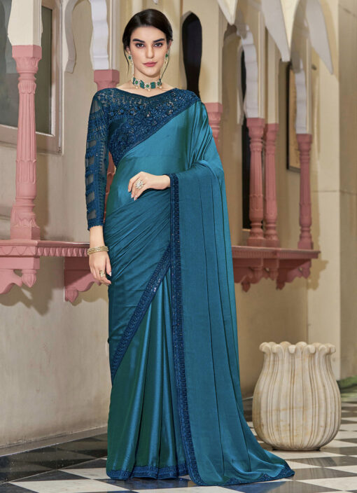 Turquoise Sequence Party Wear Saree
