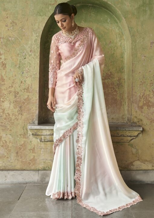 Pink & White Tie Dye Satin Silk Party Wear Saree
