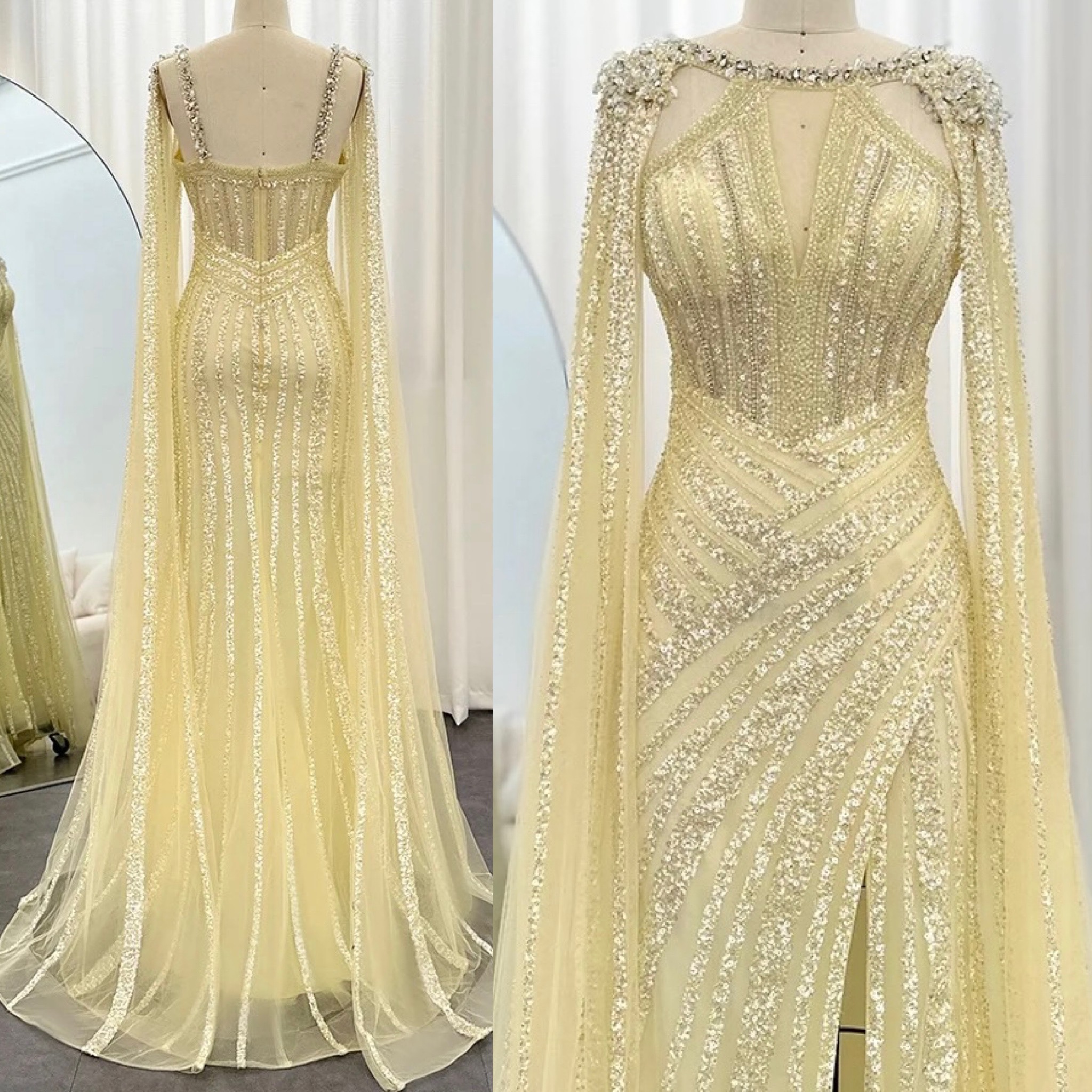 Cropped Curved Cape With Sleeveless Crystal Embellished Neckline Dress Set