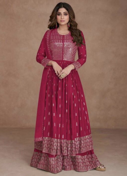 Pink Embroidered Anarkali Style Palazzo Suit