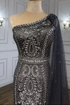 Alternative view of Grey One Shoulder Mermaid Sequinned Evening Dress