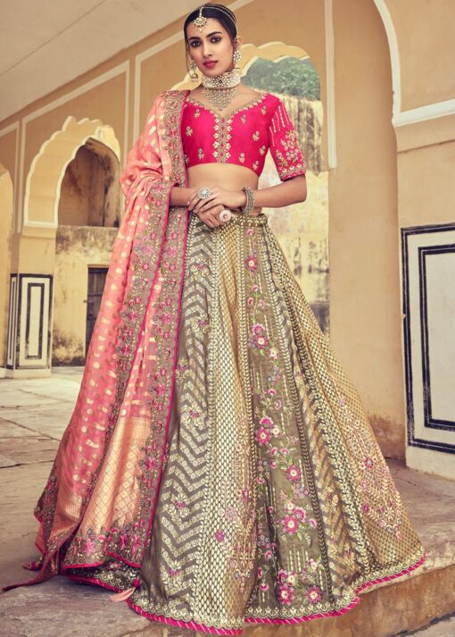 Beige Gold Silk Bridal Lehenga Choli