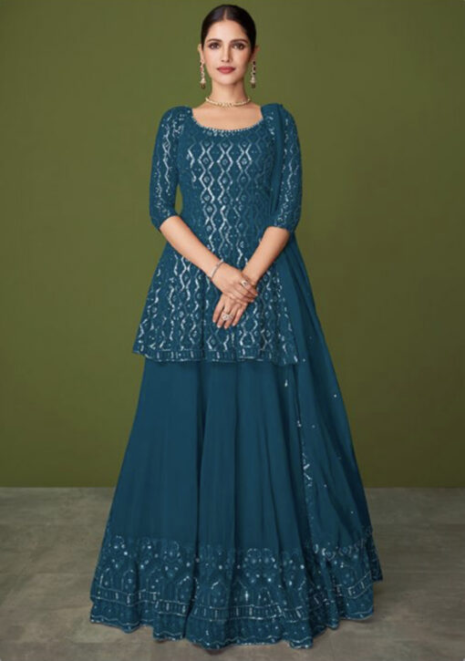Teal Georgette Embroidered Lehenga Kameez