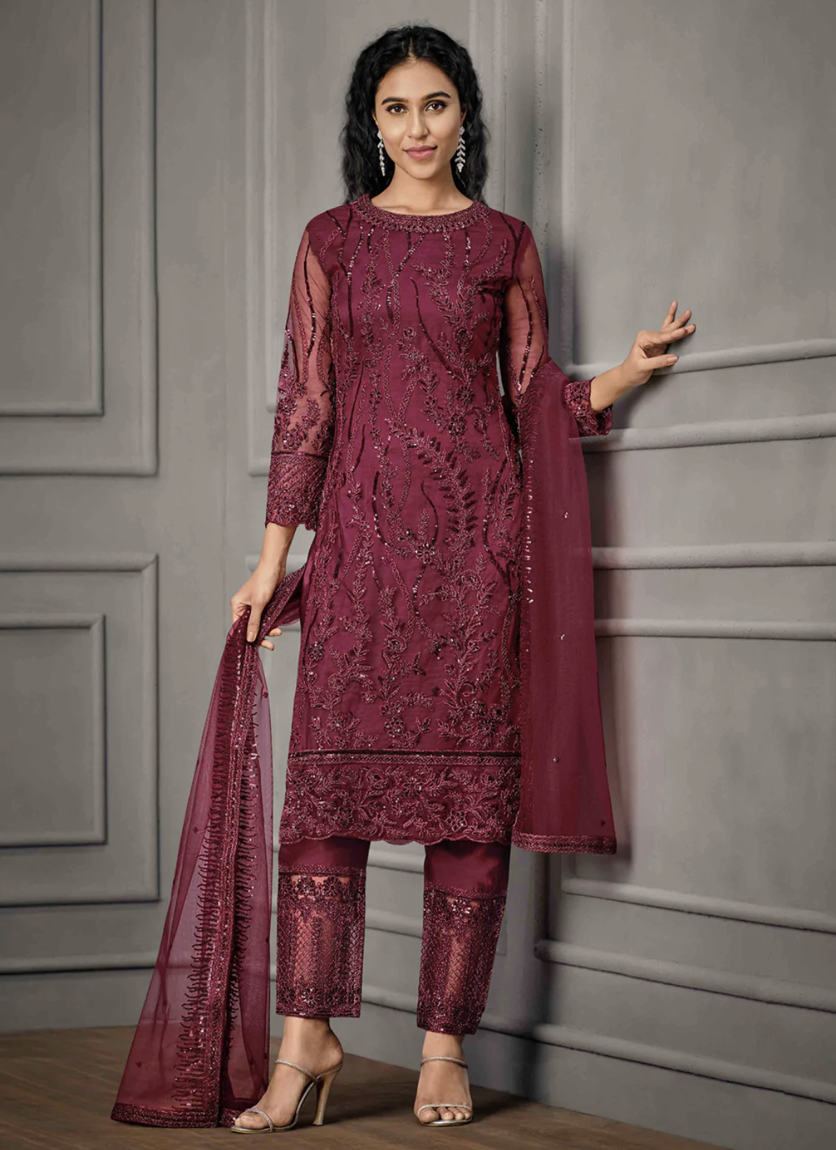 Deep Pink Straight Cut Pant Suit Salwar Kameez Designer Collection