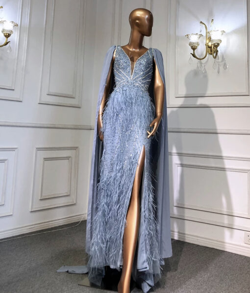 Feathered Plunge Neck Split Beaded Evening Dress