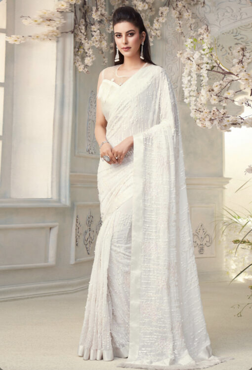 White Fancy Saree With Fringe Detail