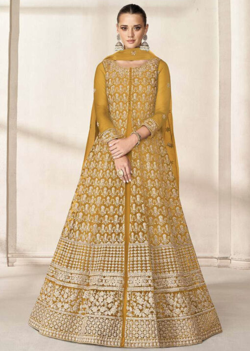 Yellow Net Embroidered High Slit Anarkali Suit