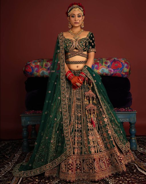 Royal Green Velvet Bridal Lehenga Choli
