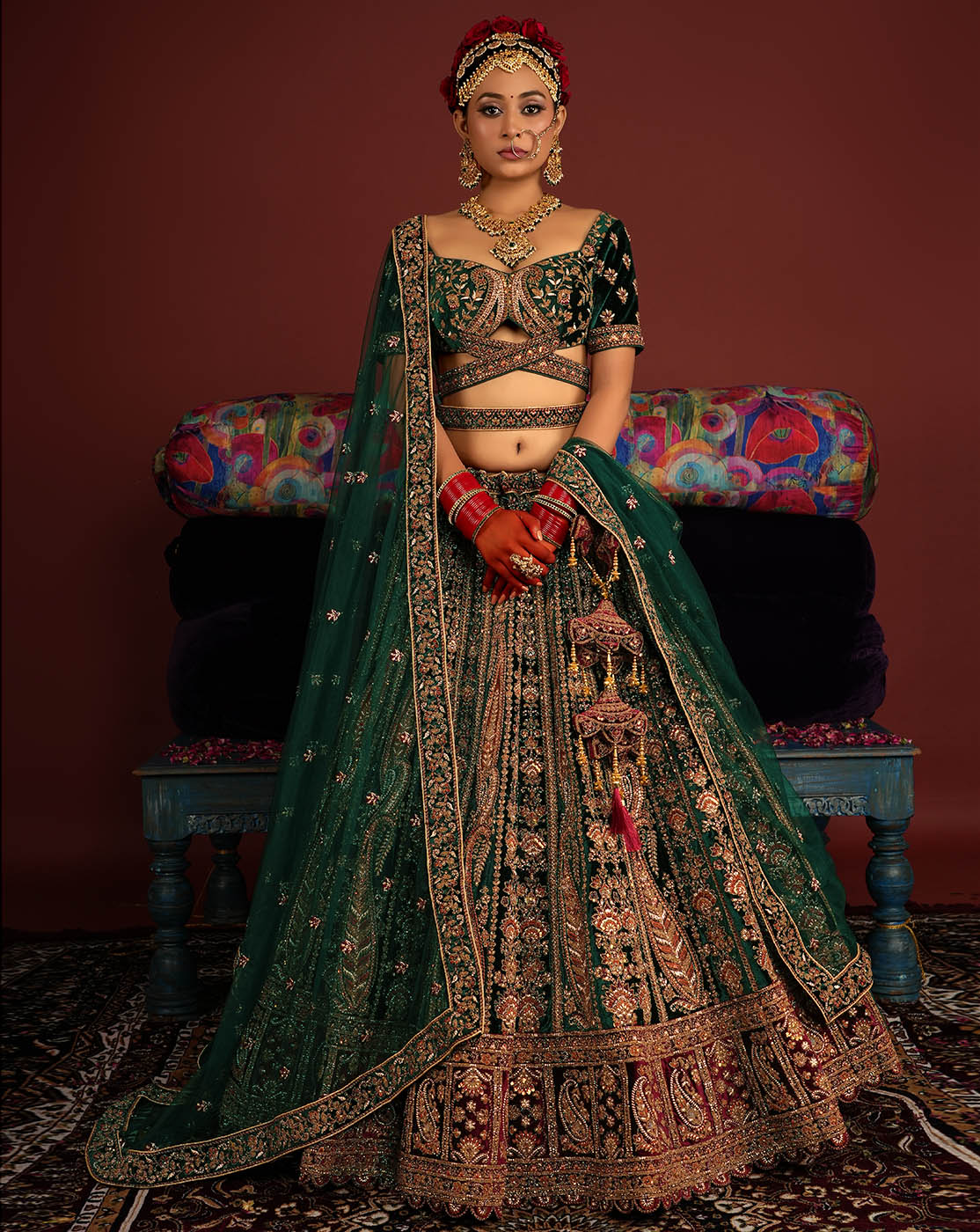 Royal Green Velvet Bridal Lehenga Choli - Lehengas Designer Collection