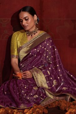 Alternative view of Purple Banarasi Silk Embroidered Wedding Saree