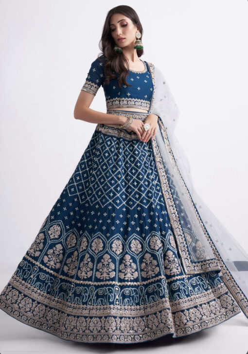 Teal Blue Silky Georgette Bridal Lehenga Choli