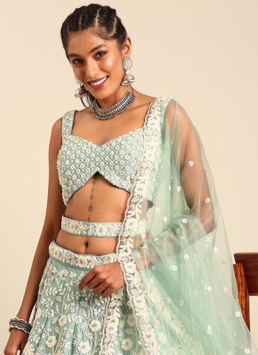 Sea Green Cording Embroidered Wedding Lehenga Choli