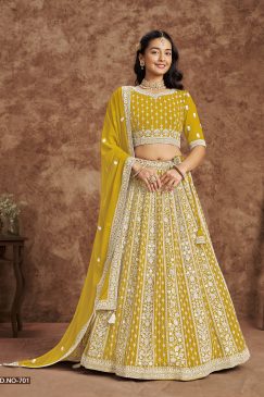 Yellow Color Beautiful Georgette Fabric With Thread & Sequins Work