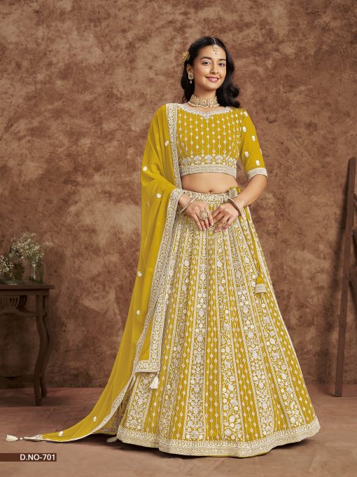 Yellow Color Beautiful Georgette Fabric With Thread & Sequins Work