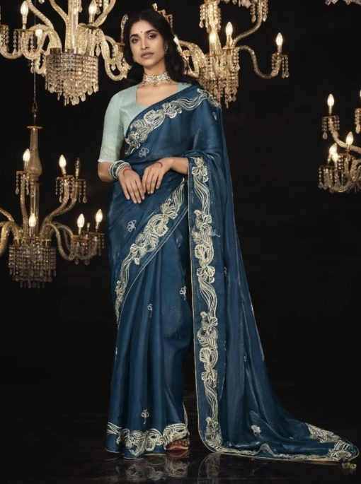 Blue Fancy Embroidered Wedding Saree