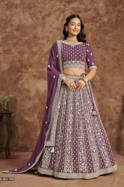 Purple Color Beautiful Georgette Fabric With Thread and Sequins Work