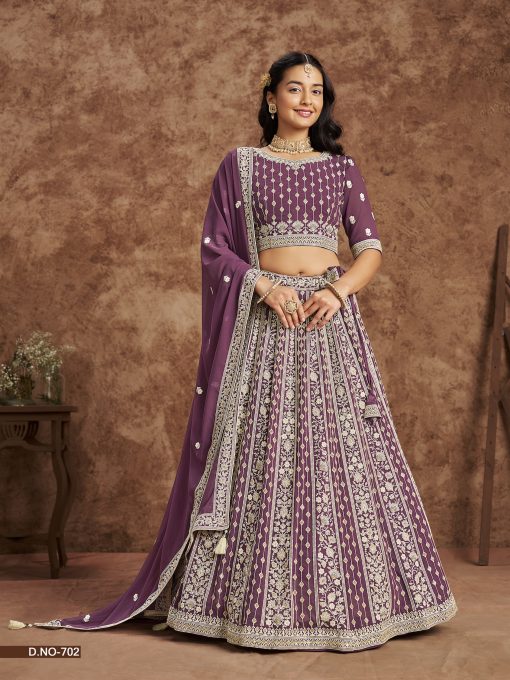 Purple Color Beautiful Georgette Fabric With Thread and Sequins Work