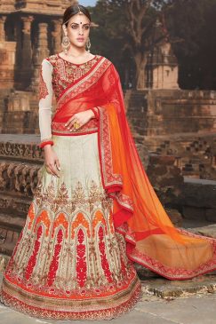 Greyish Orange Silk Lehenga Choli