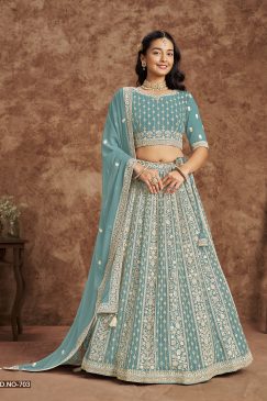 Sky BLue Color Beautiful Georgette Fabric With Thread and Sequins Work