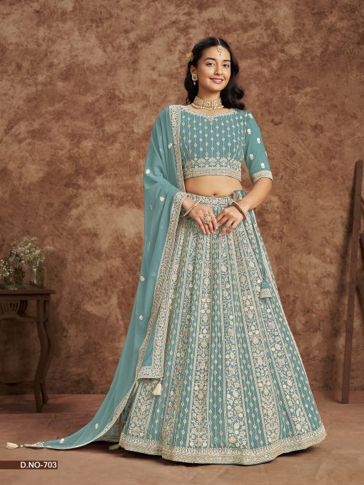 Sky BLue Color Beautiful Georgette Fabric With Thread and Sequins Work
