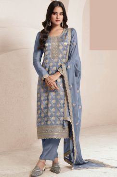 Sky BLue Color Beautiful Dress in Jacquard FAbric