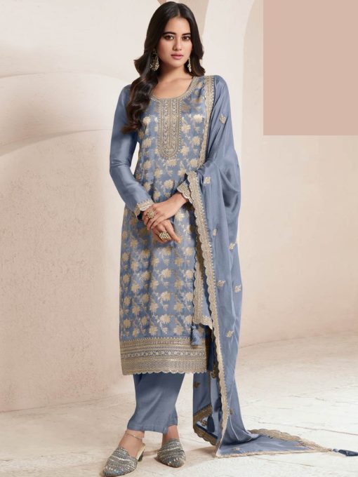 Sky BLue Color Beautiful Dress in Jacquard FAbric